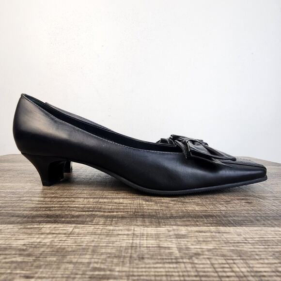 Franco Sarto Black Leather Kitten Heel Squared Toe Pumps Size‎ 8 Witchy Colonial - Picture 1 of 7